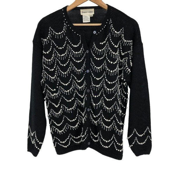 Vintage Franco Valero Black Pearl Embroidered Buttoned Wool blend Cardigan - Picture 1 of 15